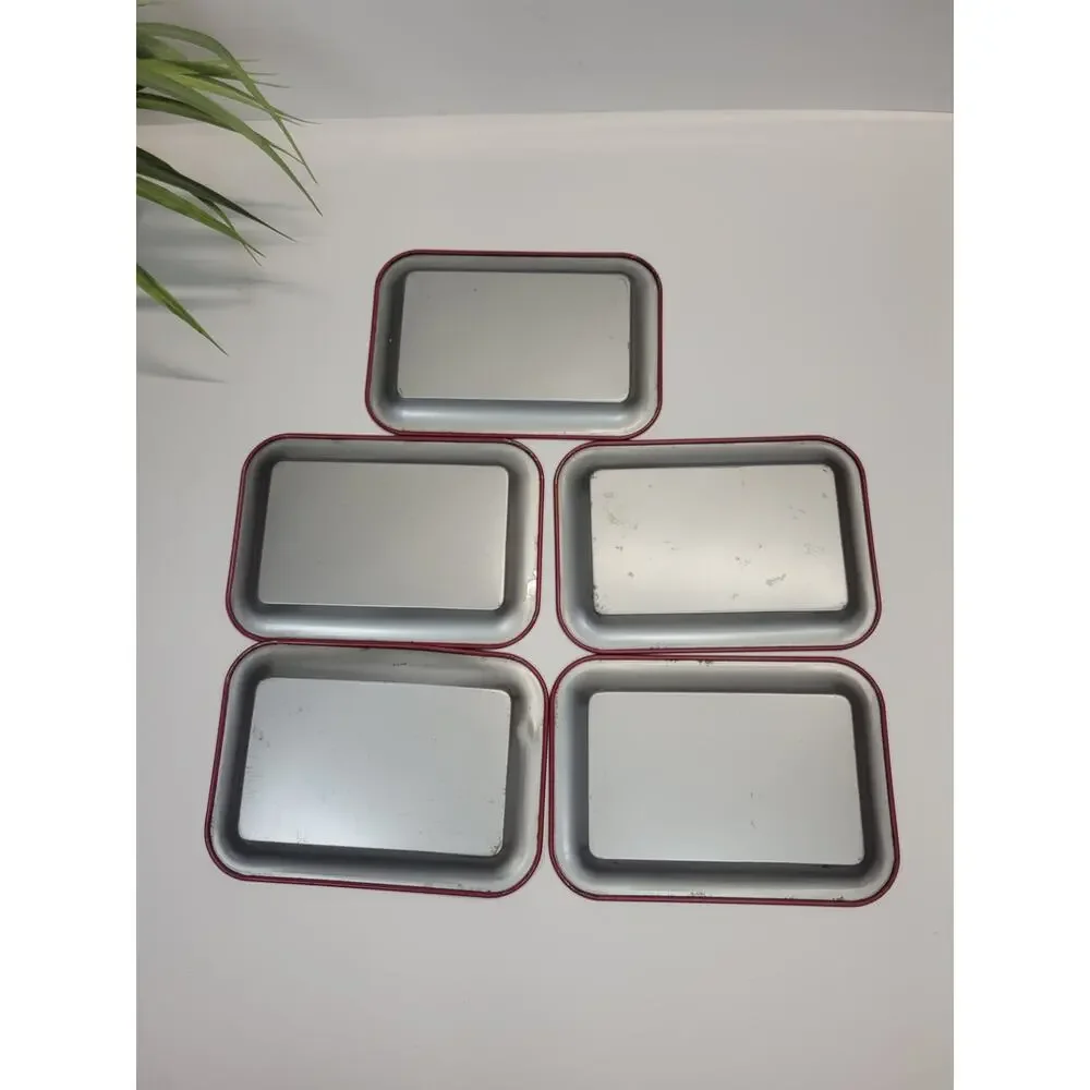 5 Retro Vintage Tip Trinket Trays, Red Rose Floral, Tin Snack Tidbit Cottagecore
